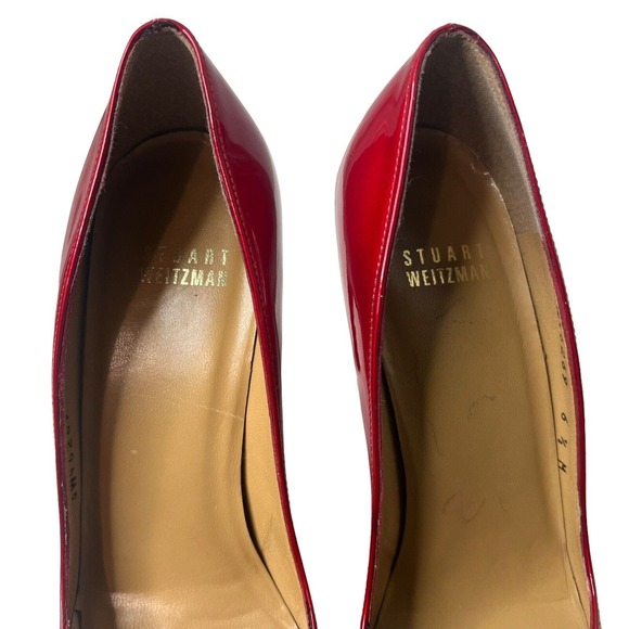 Stuart Weitzman SZ 6.5 Red Patent Leather Pointed Toe Candy Apple Slip on Pumps - Picture 4 of 10